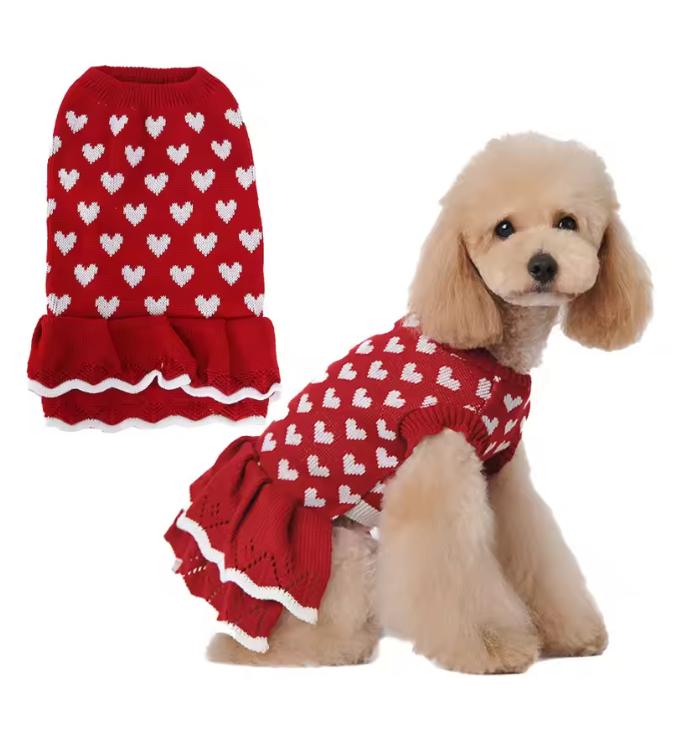 Pet Dog Clothes Cute Heart Knit Sweater Round Neck SlimFit Puppy Jumper Doggie Dress ForSmall Medium Large Dogs Cats Wholesale