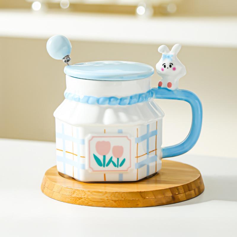 Кружка для пары 'Тюльпан и Кролик', креативная, с высокой ценностью, керамическая, для дома и офиса, кофейная чашка с крышкой