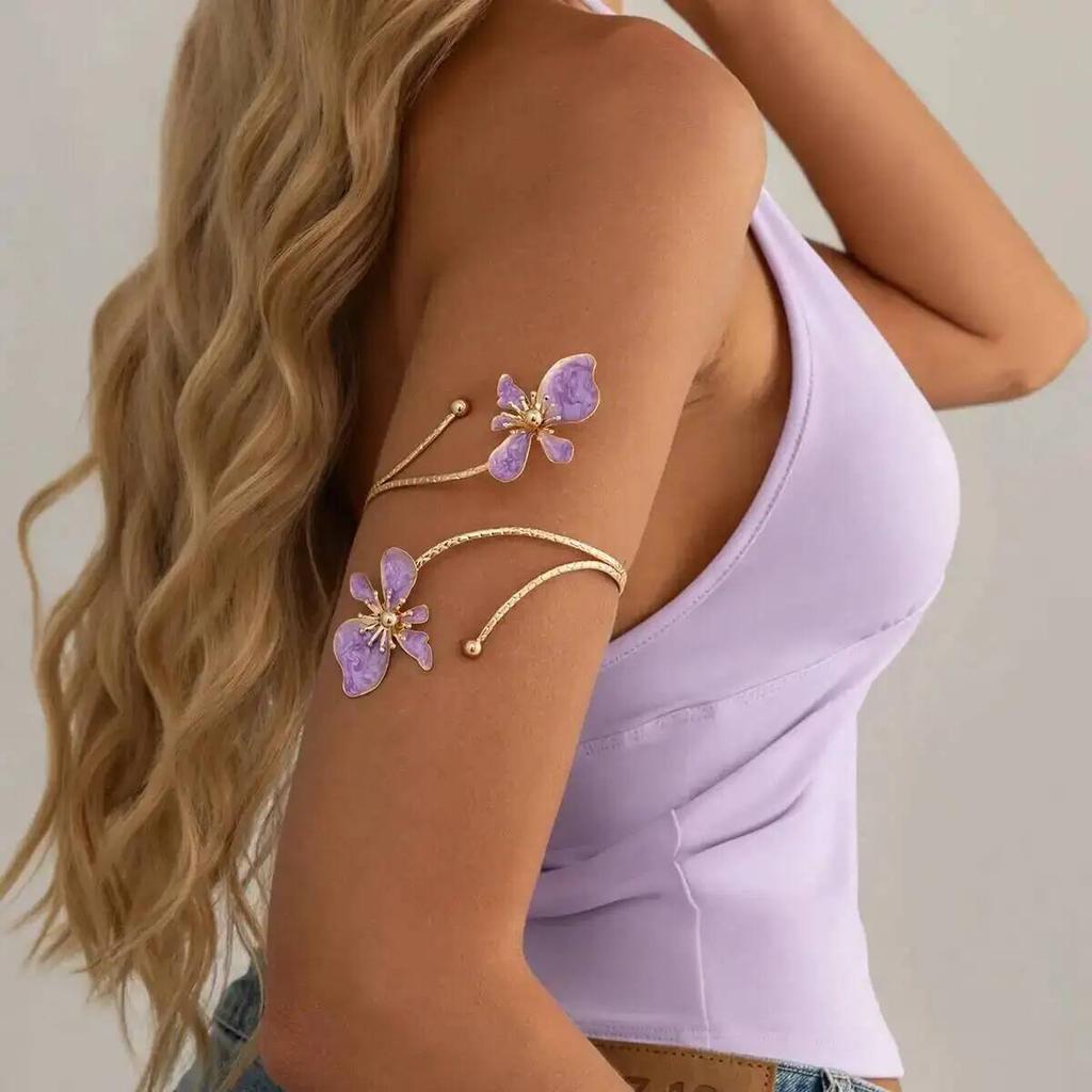SHIXIN 8Colors Vintage Exquisite Floral Open Cuff Armlet Women Fashion Metal Oil Drip Arm Bangle Adjustable Armband Jewelry Gift
