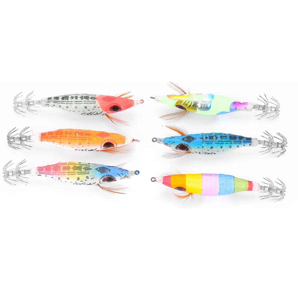 6PCS 10cm Hard Fishing Lure Artificial Wood Shrimp Bait with Octopus Cuttlefish Squid Hooks