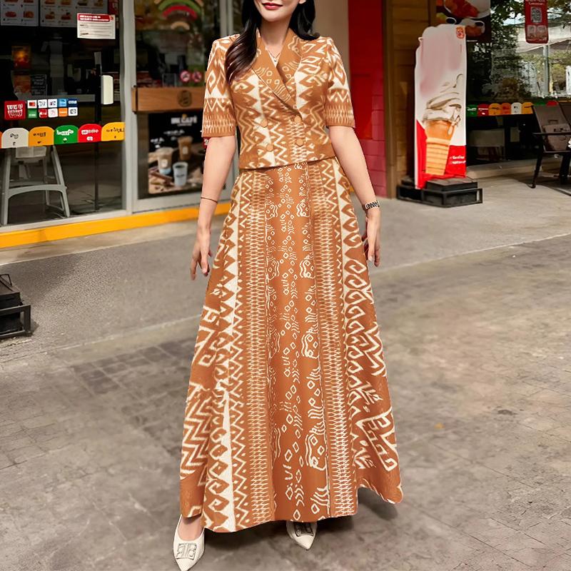 ZANZEA Женская блузка с коротким рукавом и длинная юбка, костюм-двойка с ретро-принтом