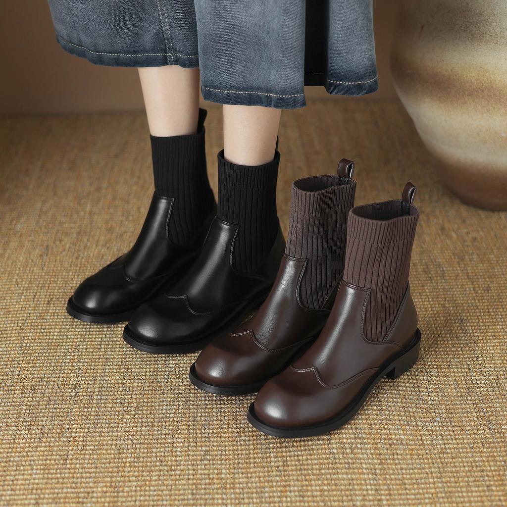 Krazing Pot Микрофибра Осенне-зимняя обувь Толстый средний каблук Размер 43 Ботинки челси Вязаный сзади Эластичные ботильоны