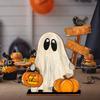 Halloween Decoration Wooden Pumpkin Ghostly Ornament Tabletop Wood Sign For Mantels Desk Shelf Holiday Party