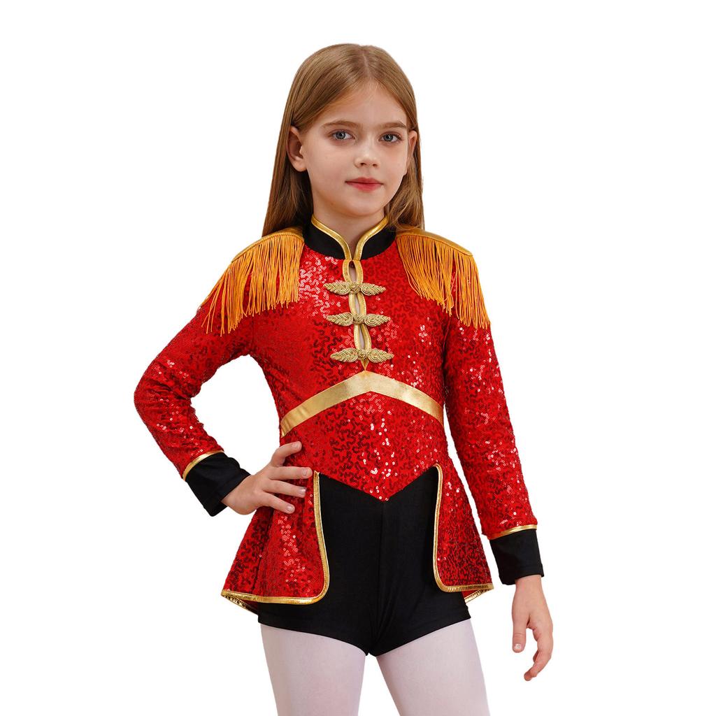 Костюм Рингмастера Цирка Мага для Девочек с Длинным Рукавом, Бахромой, Эполетами и Блестками, Боди, Наряд для Карнавальной Тематической Вечеринки