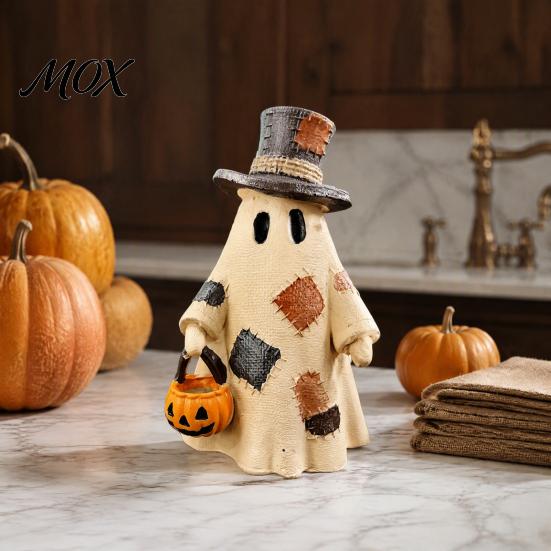 Reusable Halloween Party Supplies Patchwork Ghost Ornament, Hanging Pumpkin Lantern Resin Vintage Stable Base Figurine Set Decorative Figures for Home