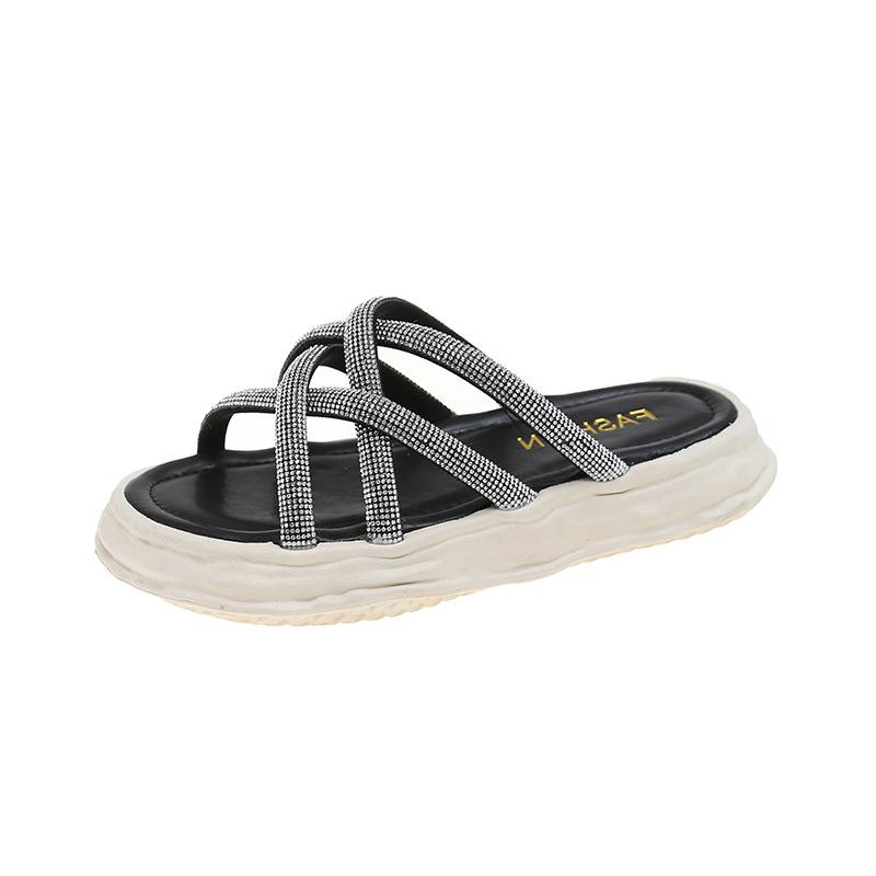2024 Новые мягкие подошвы растворенные толстые подошвы пляжные римские кресты Cool Drag стразы тапочки для женской летней верхней одежды