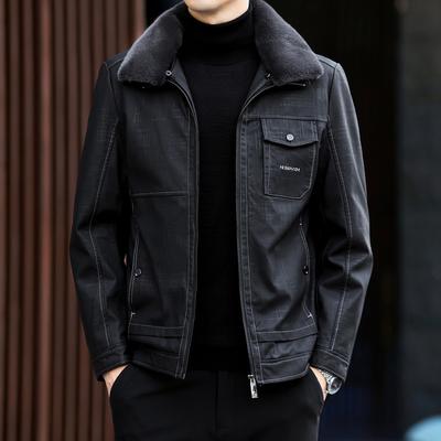 Пуховик из натуральной кожи, мужская куртка с короткими лацканами, утолщенный пуховик для папы, куртка из овчины среднего возраста