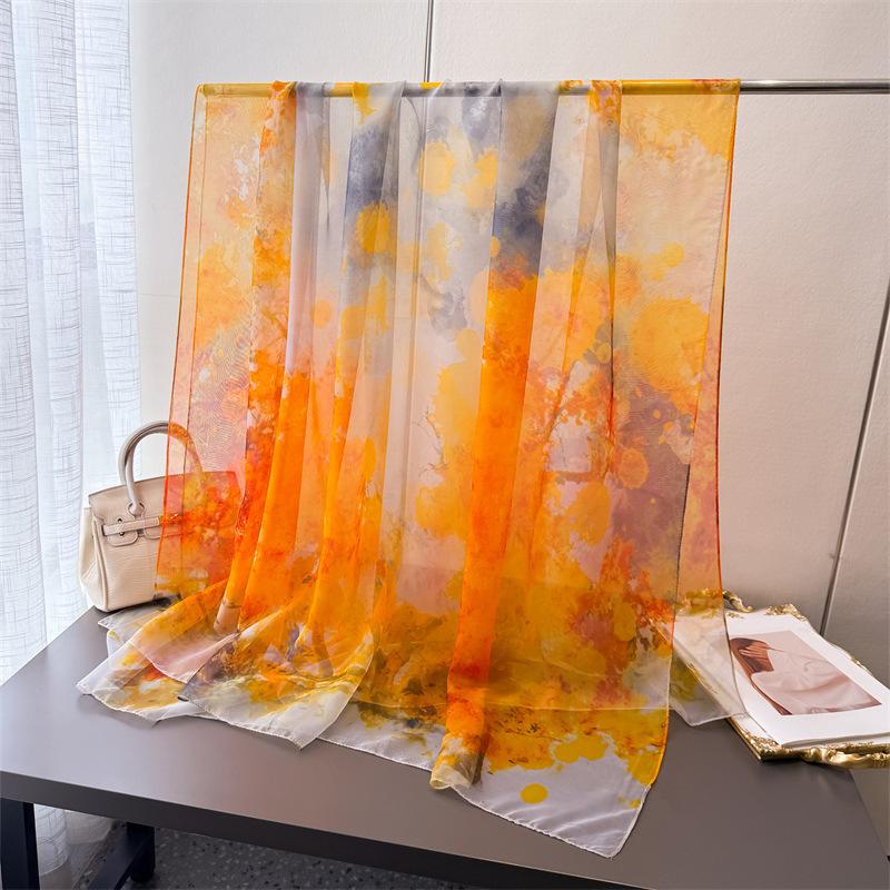 Green Orange Blossom Encryption Soft Yarn Printing Spring And Summer Silk Scarf Large Long Scarf Travel Shawl Sun Protection Women'S Scarf Headscarf