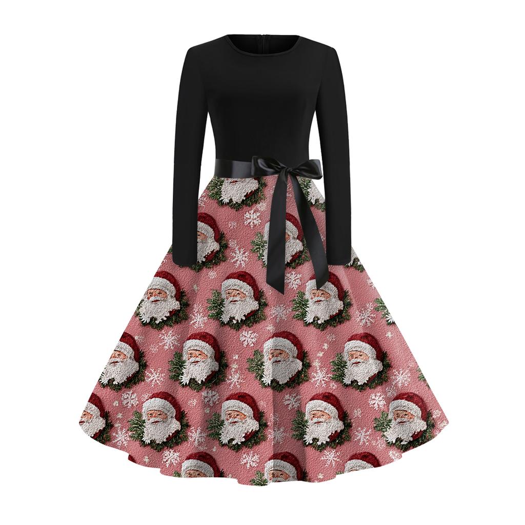 Женское модное и элегантное осенне-зимнее платье с длинным рукавом и круглым вырезом с рождественским принтом