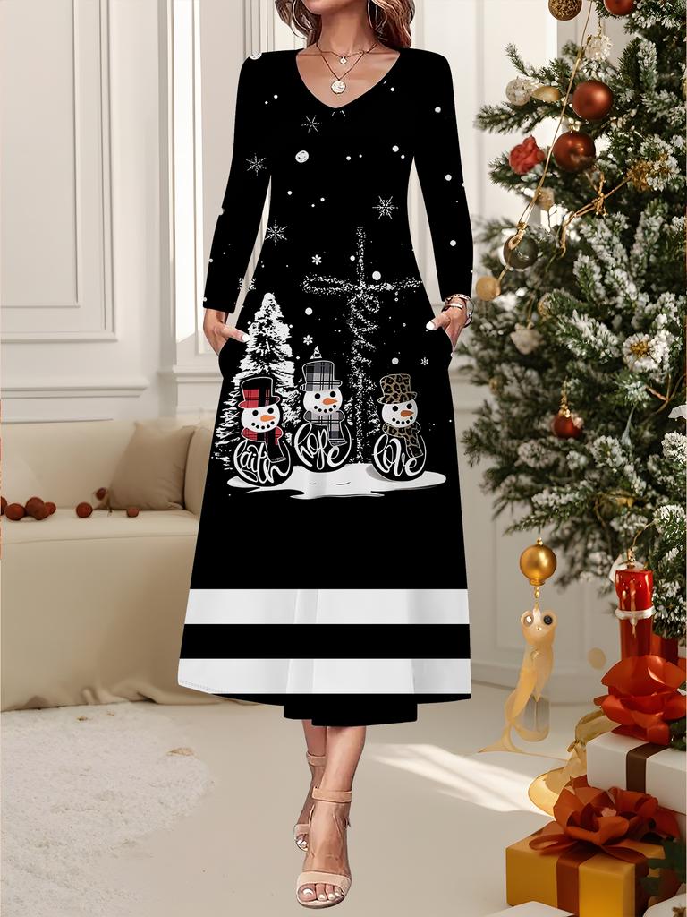 2025 Осень и Зима Новое Женское Повседневное Модное Платье 3D Принт Снеговика Длинный Рукав V-образный Вырез А-силуэт Рождественский Подарок