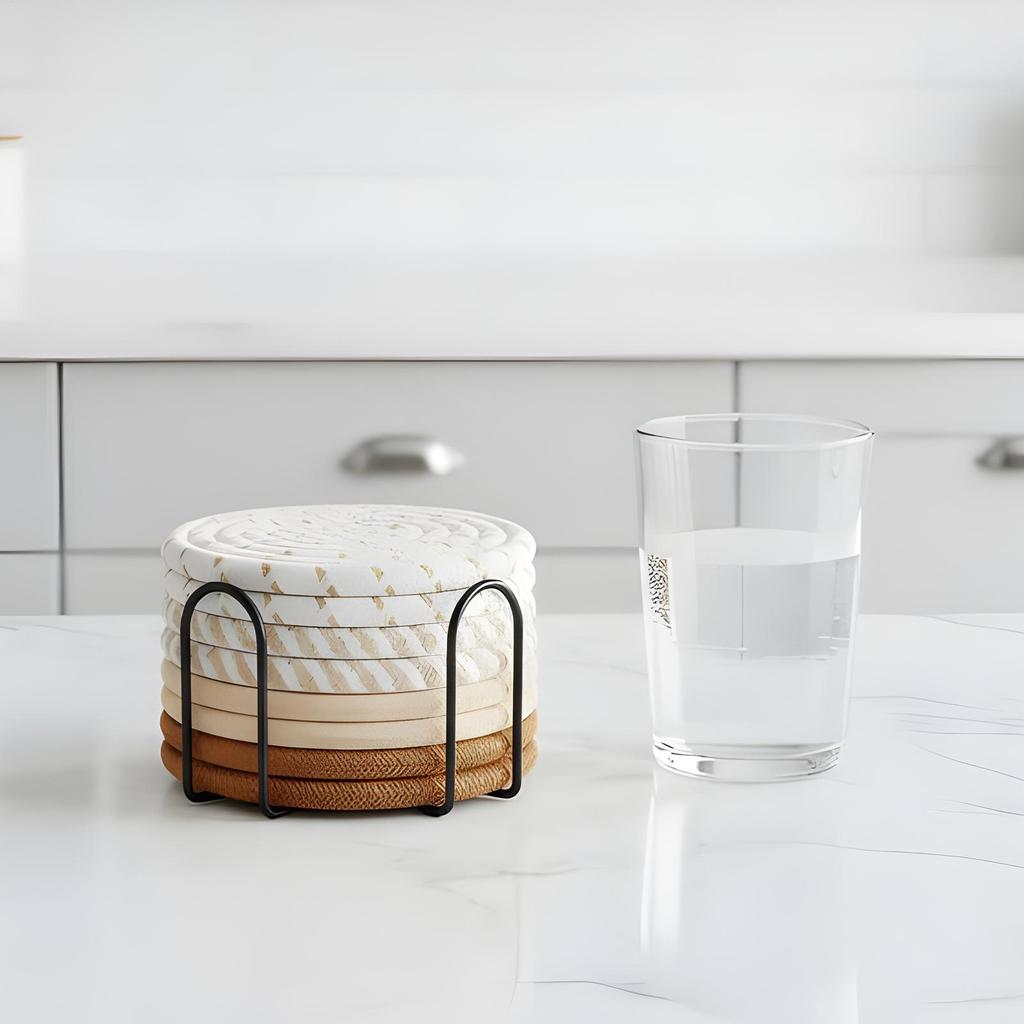 Coasters for Drinks 8 Pieces Absorbent Cup Mat with Holder 4.3 Inch Heat-Resistant Cotton Rope Desk Coaster for Table Home