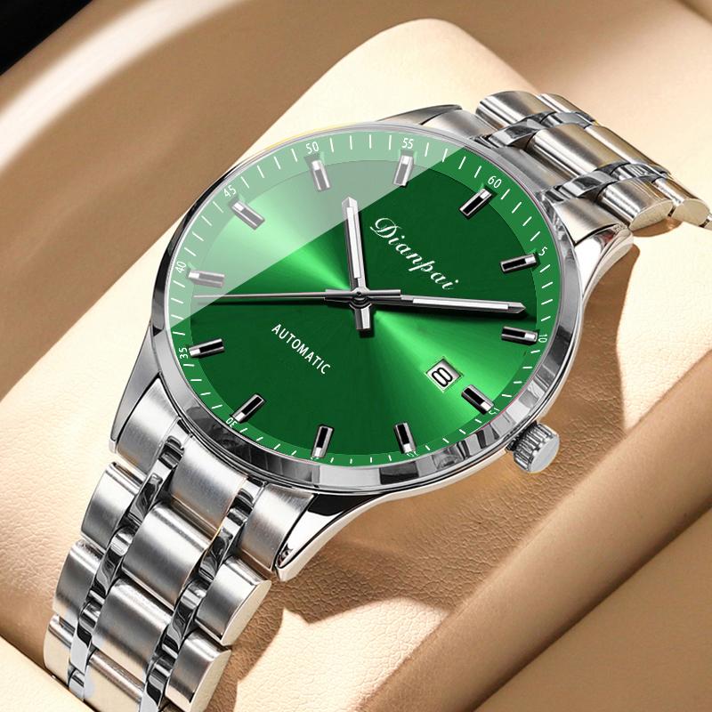 Dianpai Men's Fully Automatic Mechanical Watch Stainless Steel Calendar Men's Night Light Waterproof Business Green Face Watch