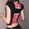 Summer New Strap Open Back U Neck Design Black Tight Letter T-shirt Women Tops Spicy Girl Short Sleeve Slim Sexy Crop Tops Women