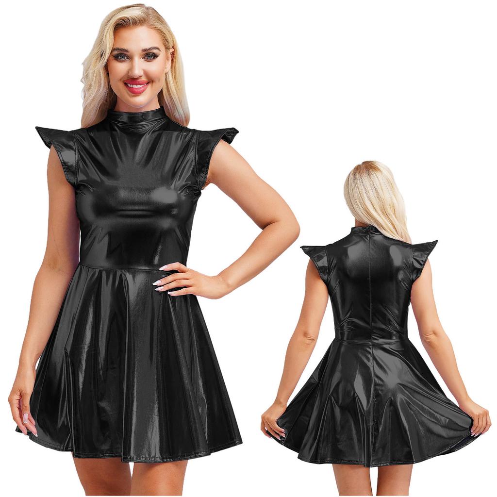 Women's Halloween Party Dress - Shiny Metallic A-line with Mock Neck & Cap Sleeves Fashion Bar Club Wear