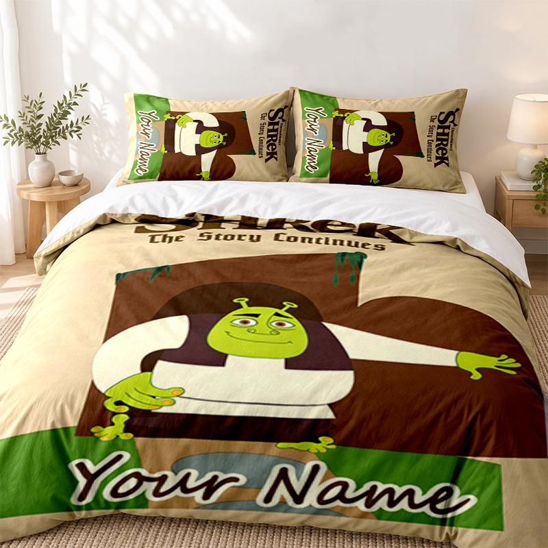Shrek Custom Name 3pc set Perfect for bedroom use Comfortable bedding set includes a duvet cover and two pillowcases Ideal birthday or Christmas gift