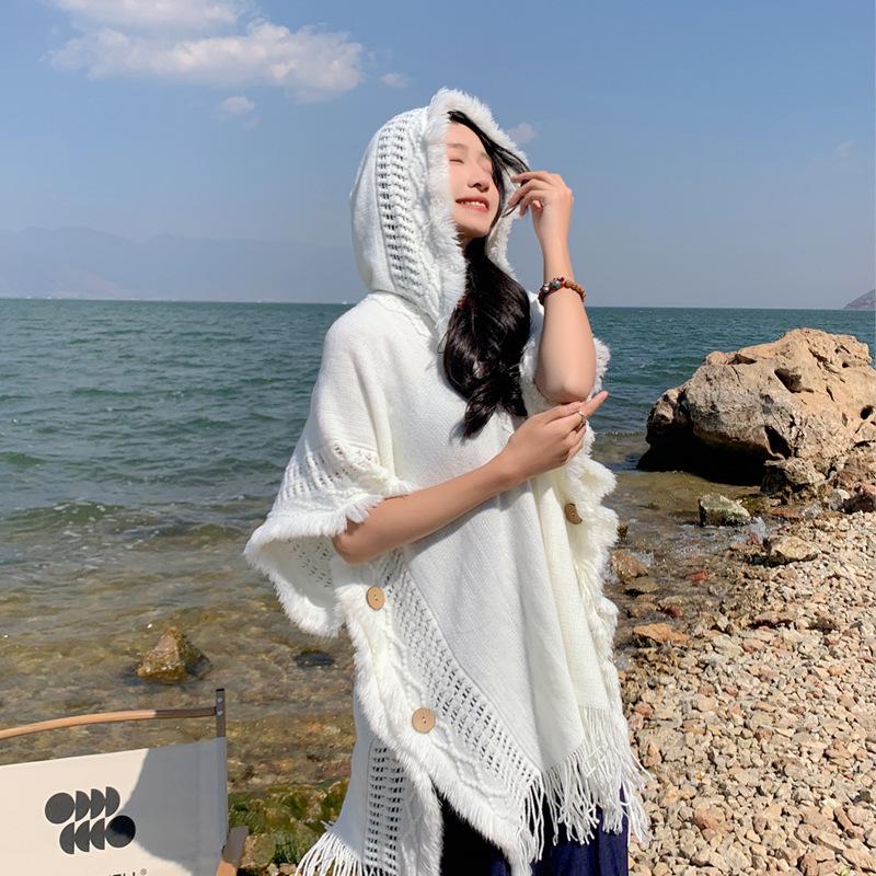 Белый Бохо-Кейп-Шаль-Свитер с Кистями Mori для Женщин