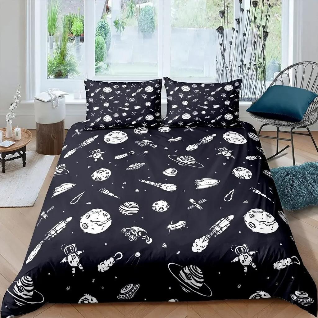 Комплект постельного белья «Ракета» King Size, комплект постельного белья «Космический корабль», микрофибра, космический корабль, звезды, планета, мультяшный стиль, пододеяльник