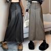 Кожаная юбка трапециевидного силуэта с разрезом для женщин, осень-зима, черная юбка-миди из искусственной кожи с высокой талией, черная корейская модная женская одежда
