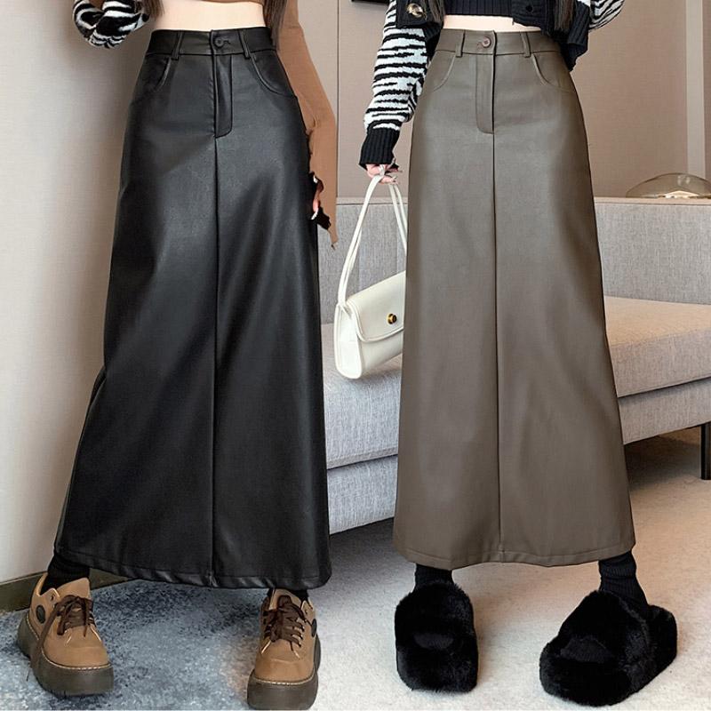 Кожаная юбка трапециевидного силуэта с разрезом для женщин, осень-зима, черная юбка-миди из искусственной кожи с высокой талией, черная корейская модная женская одежда