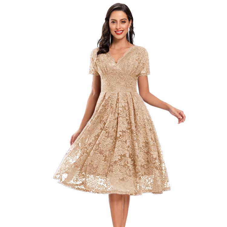 Женское кружевное платье миди с V-образным вырезом и короткими рукавами, приталенное по талии, для выпускного вечера, подружки невесты, гостя на свадьбе, вечеринки, коктейля, вечернего мероприятия
