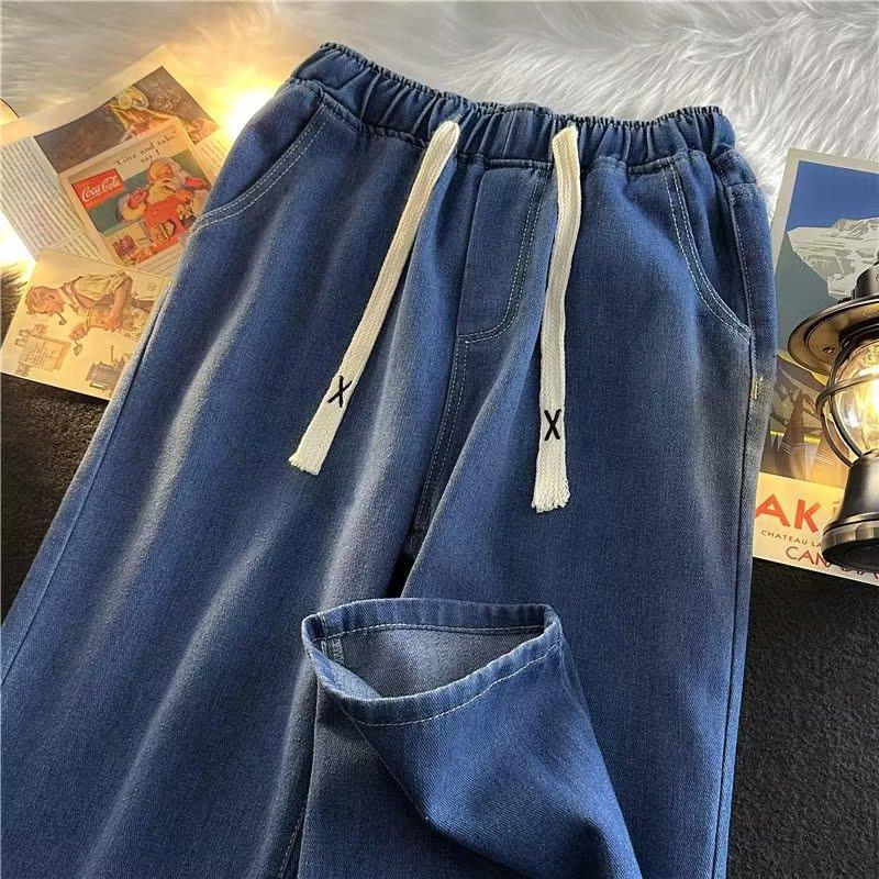 Spring And Autumn Harajuku Hong Kong Style Simple Loose Trend Ins Versatile Casual Drawstring Straight Long Pants Jeans For Men