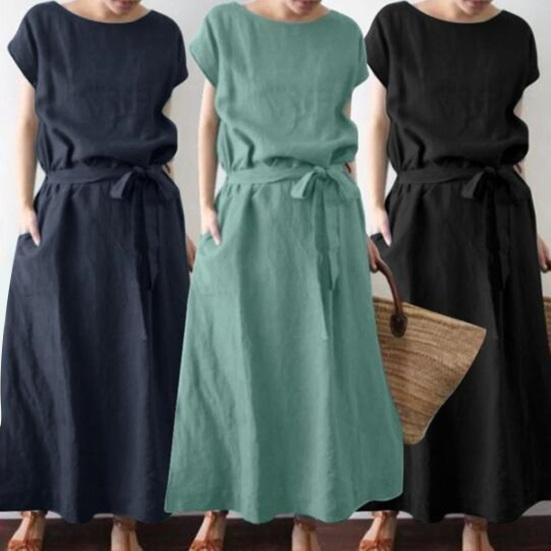 Женское платье макси из хлопка и льна в стиле бохо, летнее, с коротким рукавом, круглым вырезом, длинным платьем, поясом и карманами, повседневный пляжный сарафан