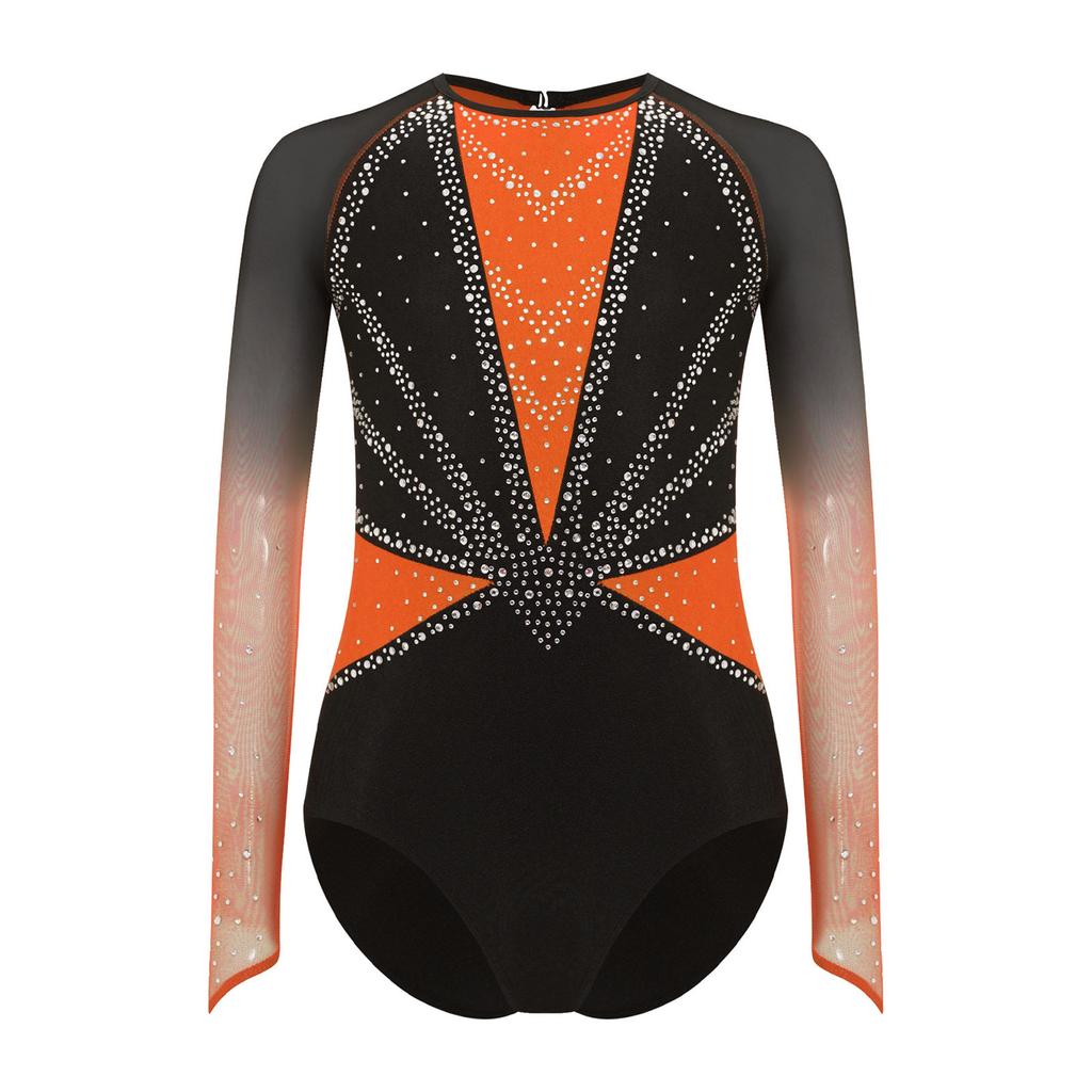 Girls Gymnastics Leotard Sheer Mesh Long Sleeve Keyhole Back Shiny Rhinestones Color Block Costume