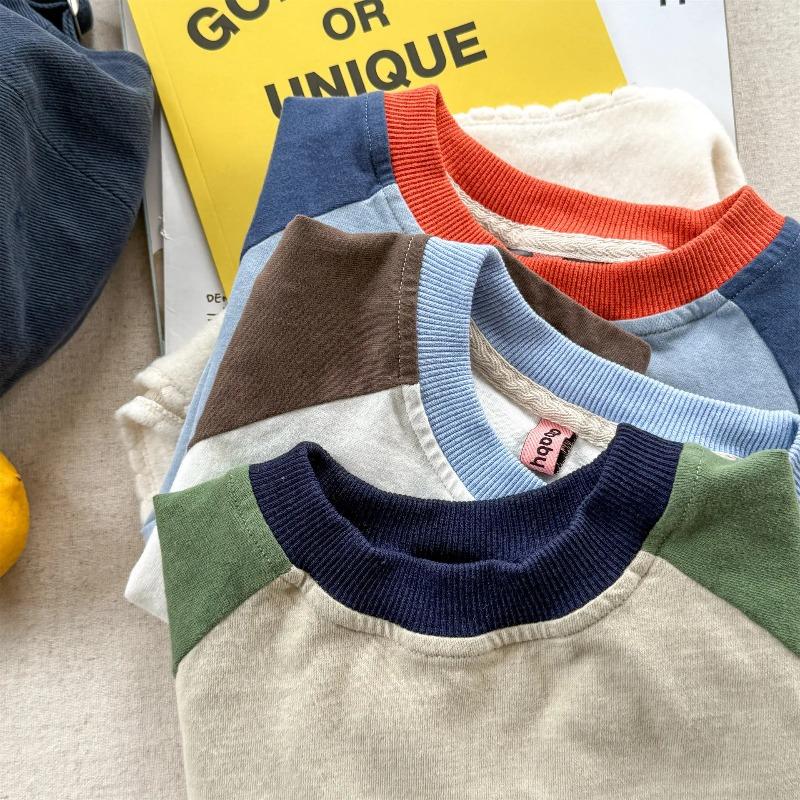 Осенние детские футболки Color Block Свободные с длинным рукавом Детская футболка Модная Мягкая Одежда для мальчиков