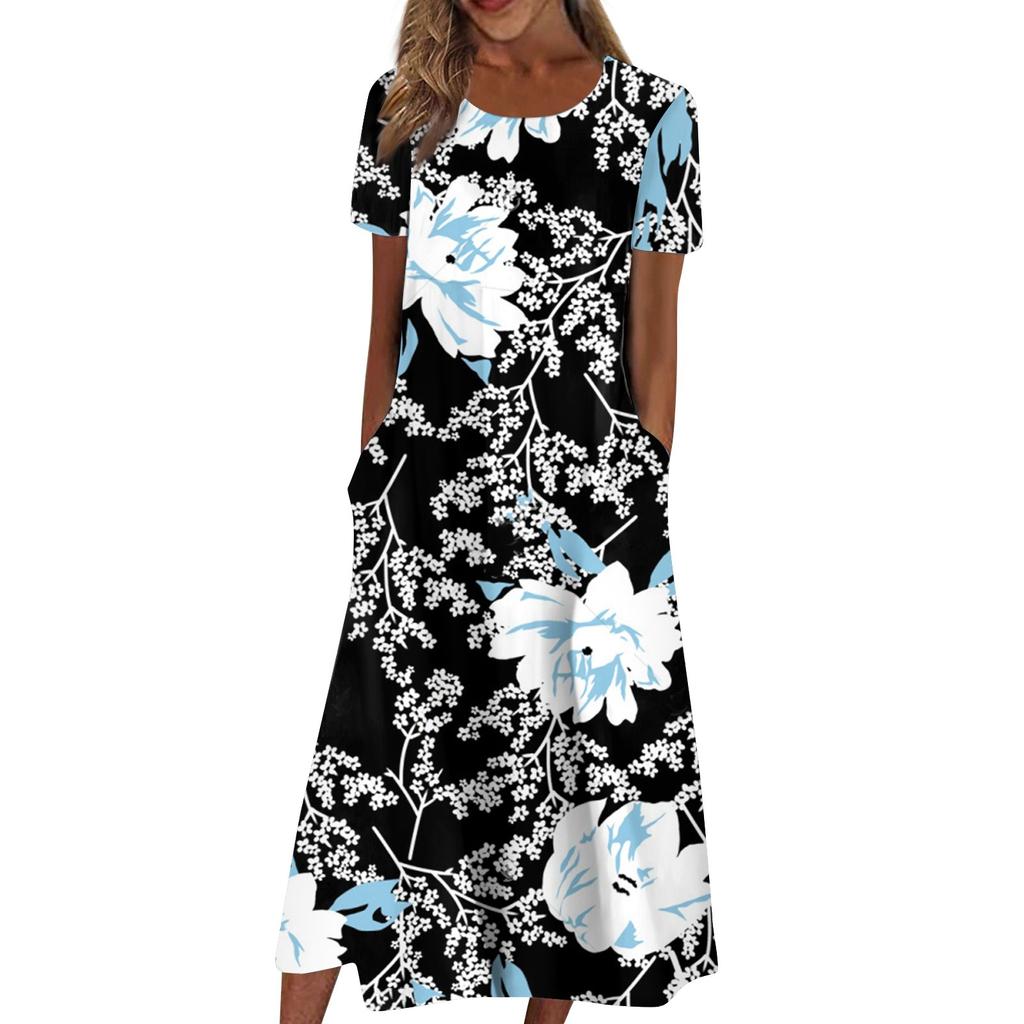 Women's Summer Casual Fashion Vintage Floral Print Round Neck Loose Dresses