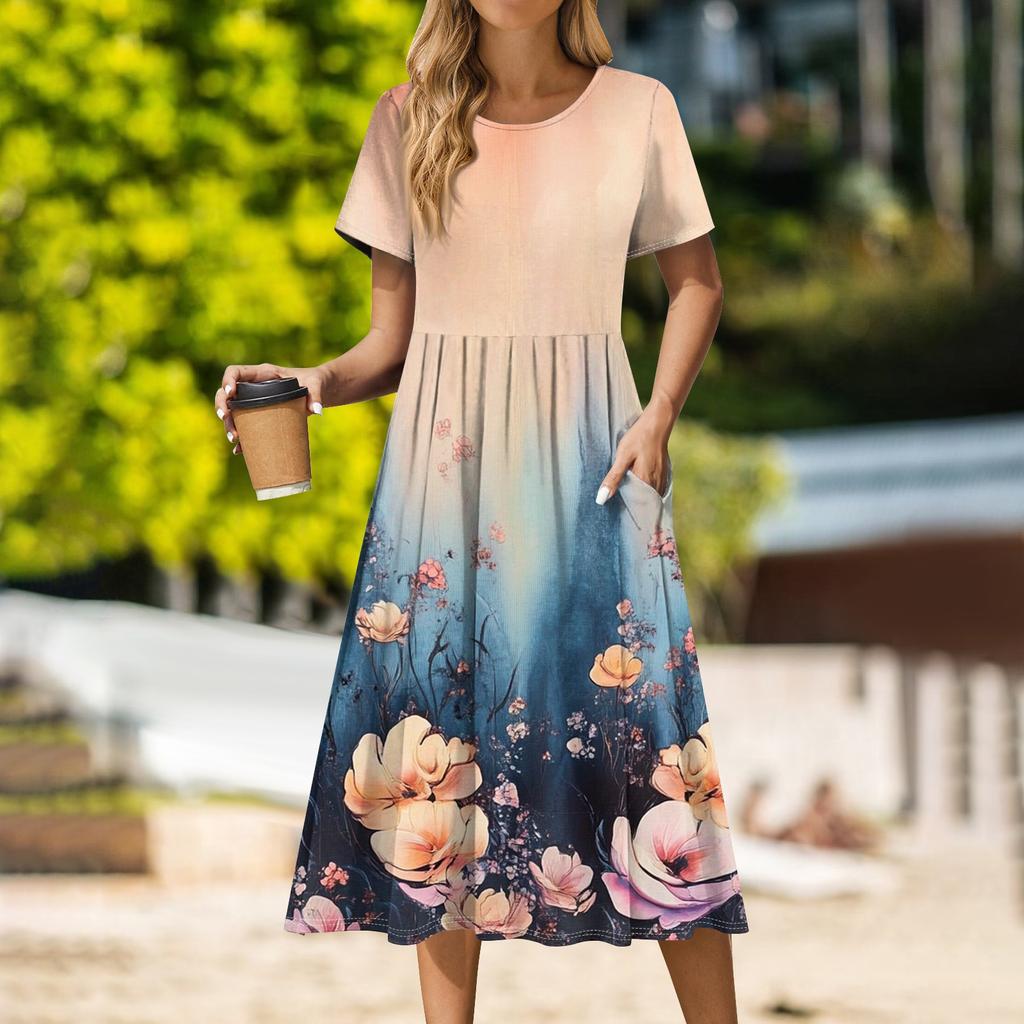 Women's Casual Cute Pattern Print Round Neck Midi Dress Basic Classic Outdoor Everyday Short Sleeve Loose Dress