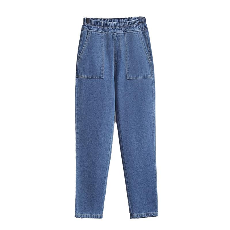 Женские джинсы больших размеров, брюки с высокой талией, свободные джинсовые женские брюки с эластичной резинкой на талии, весенние базовые брюки с карманами