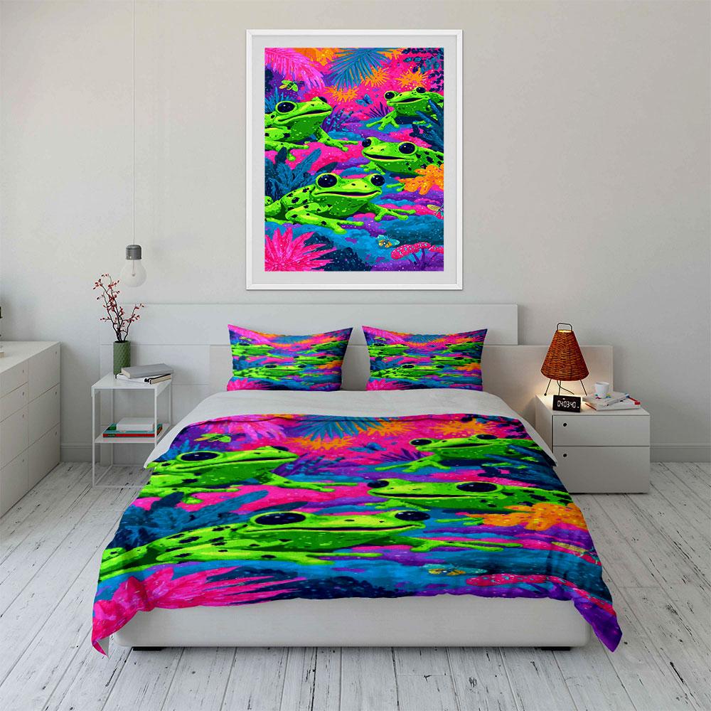 Bright green frogs, foliage. Bedding sets Duvet cover sets Duvet covers Pillowcases(1 * Duvet Cover 2 * Pillowcases, without duvet insert)