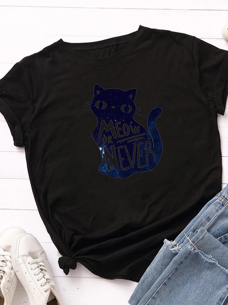 Мяу или Никогда Принт Кошки Женская Футболка с Коротким Рукавом Круглый Вырез Свободная Женская Футболка Женская Футболка Топы Одежда Camisetas Mujer