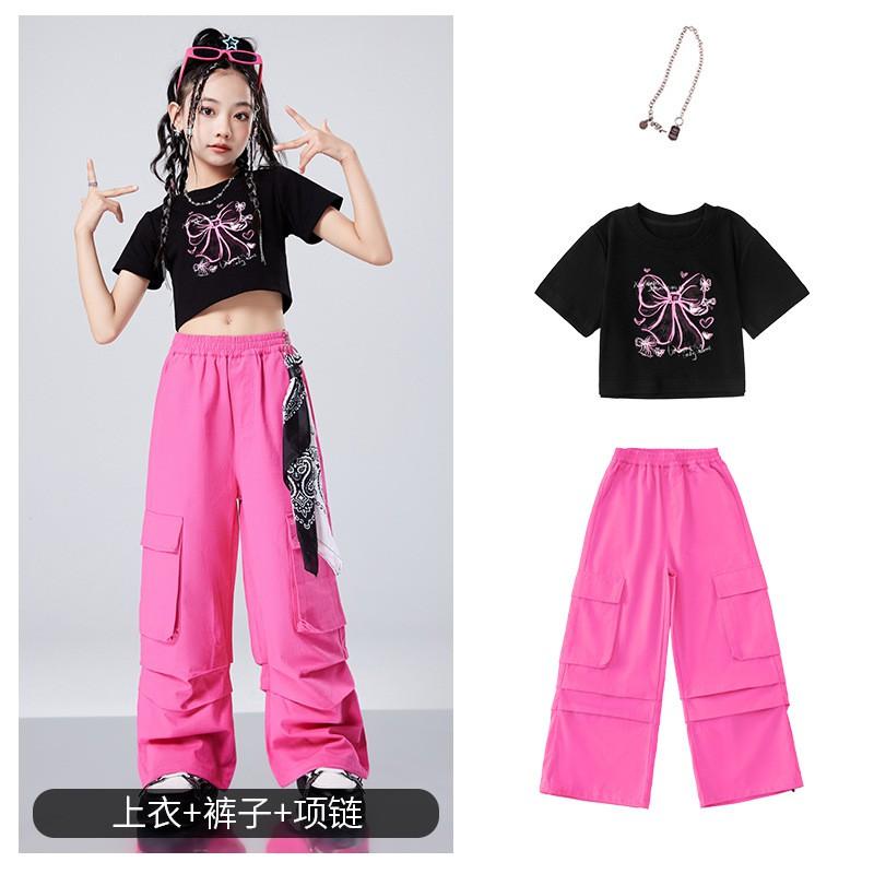 Girls Jazz Dance Outfit Hip Hop Streetwear Performance Costume Kids 8 Cotton Short Sleeve Top Pants Set
