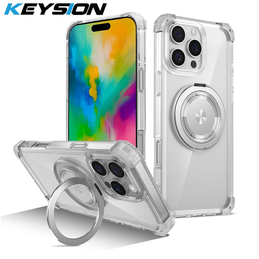 KEYSION Прозрачный противоударный чехол HD MagSafe для iPhone 16 Pro Max 16 Plus с вращающимся на 360 ° магнитным кольцом-подставкой для телефона