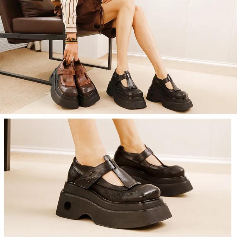 Johnature Винтажные туфли-лодочки с квадратным носком и толстой подошвой из натуральной кожи, женские туфли на платформе с увеличенным ростом