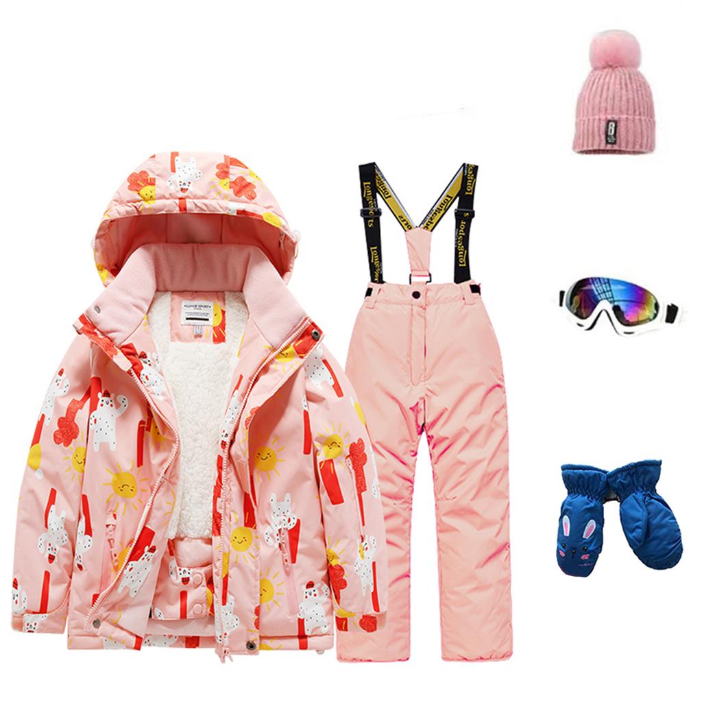 Детский модный лыжный комплект для мальчиков и девочек, утепленный, водонепроницаемый, термобелье, костюм из пяти предметов с курткой и брюками