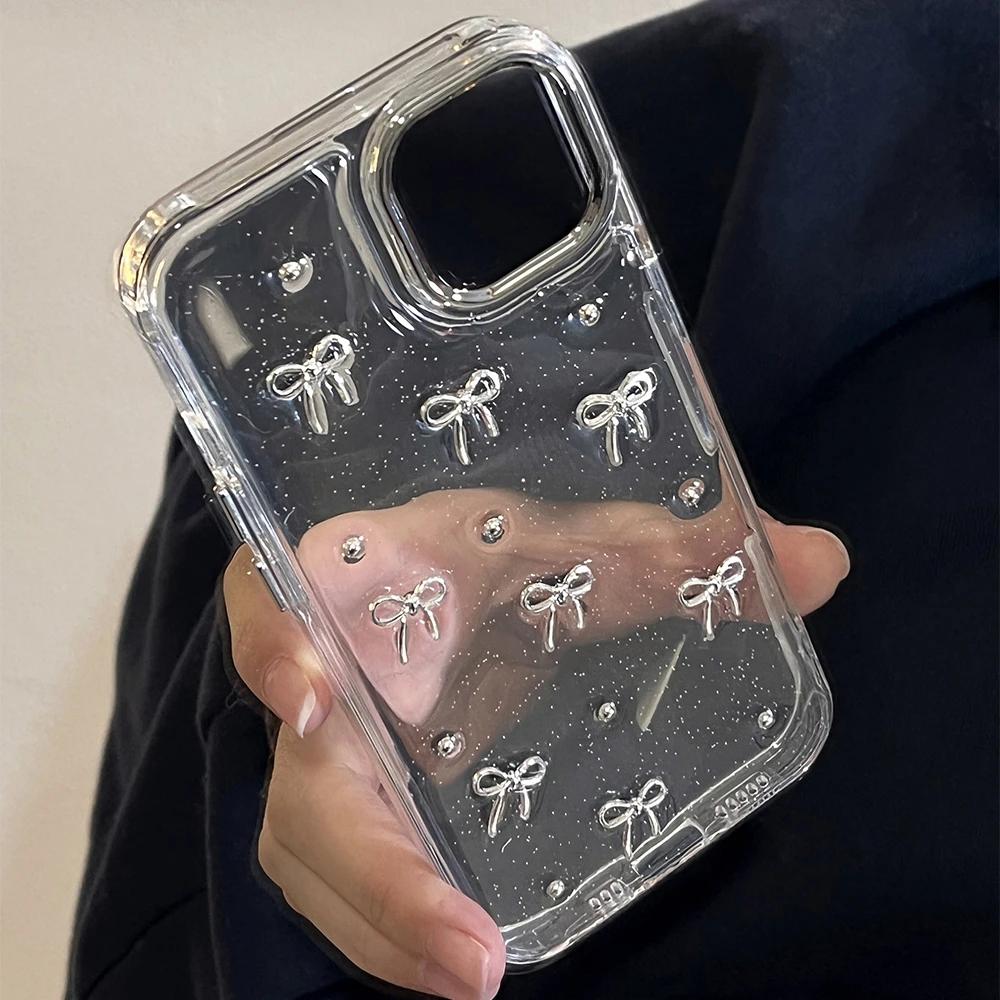 Роскошный 3D Серебряный Бантик Прозрачный Чехол Для Телефона Для iPhone 16 15 13 12 11 Pro Max 14 Plus Корейская Девушка Эпоксидный Блестящий Мягкий Чехол