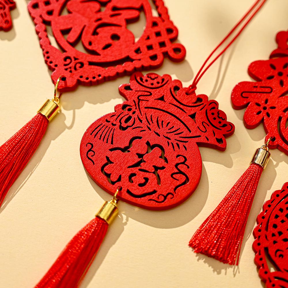 Year of the Horse Spring Festival Wooden Plant Tag with Green Plant and Fu Tassel Pendant