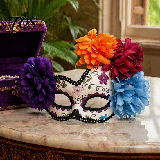 Comfortable Halloween Face Masque Masquerade Masque, Flower Skull Mexican Day of The Dead Adjustable Half Eye Cushion for Costume, Fancy Dress,