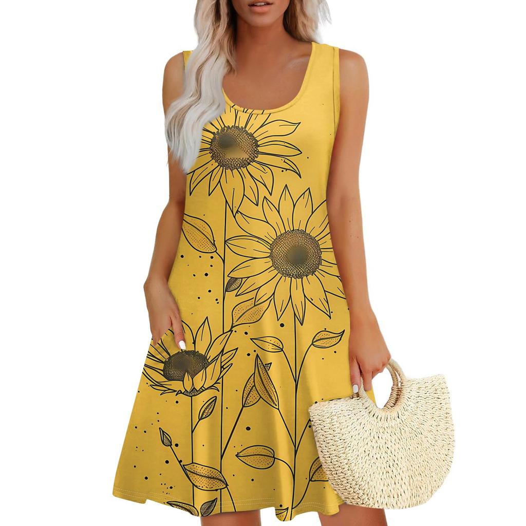Women's Summer Casual U-neck Floral Print Dress Sleeveless Dress With Pockets