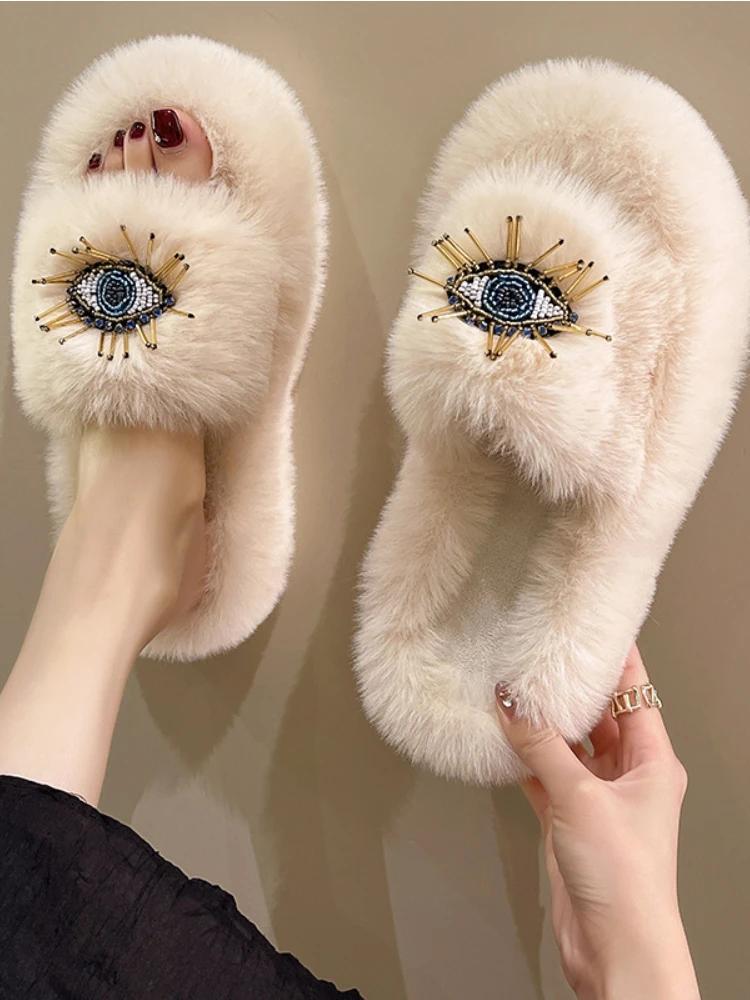 Fashion Ladies Winter Fashion Soft Warm New Comfort Flat Fur Slipper Outside Fluffy Slippers Indoor Plush Shoe Women's Luxury Slippers