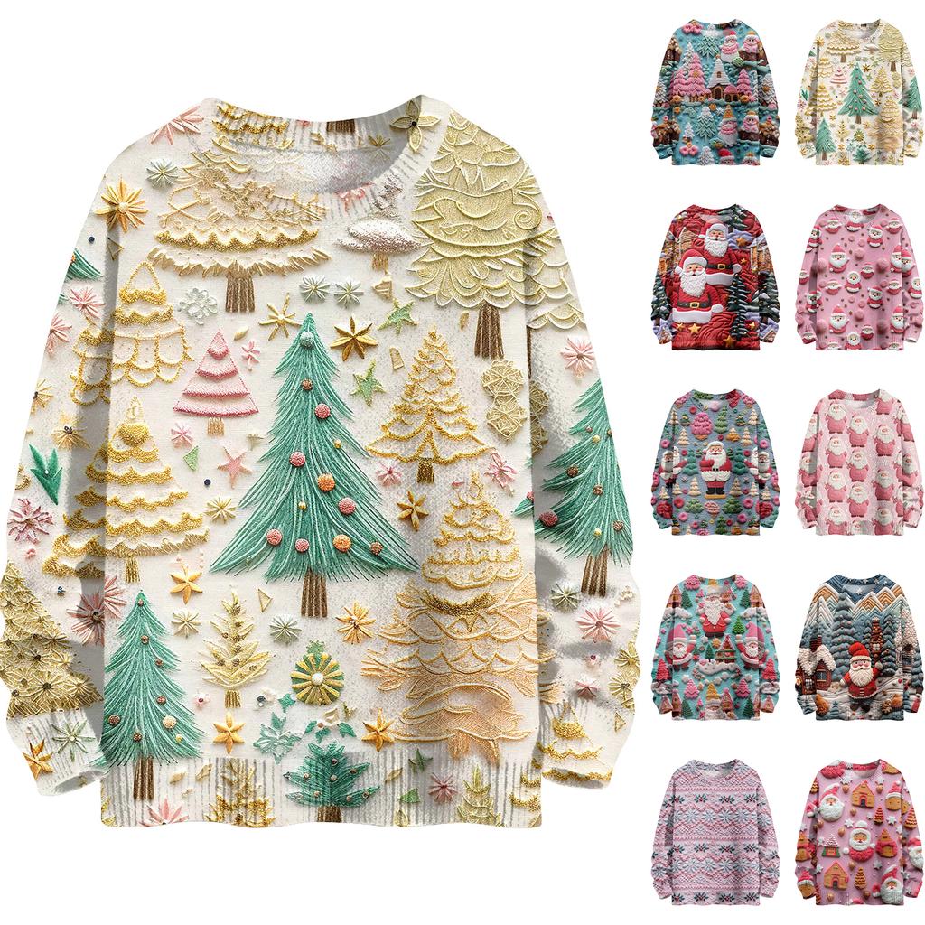 Women's Fashion Casual Long Sleeve Christmas Printed Round Neck Knitted Top