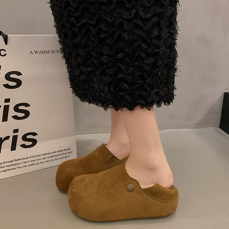 All-inclusive small potato Birkenstock shoes for women's autumn and winter new design sense velvet cotton boots thick-soled one-pedal cotton shoes