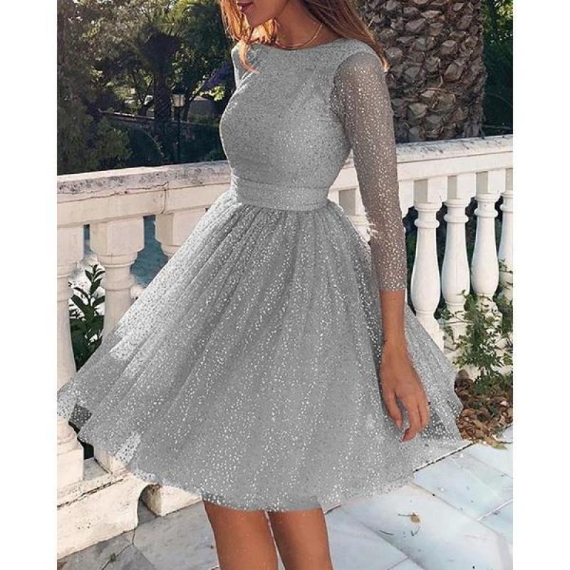 2025 Summer Women's Glitter Sequin Cocktail Dress, Lace High Waist Short Party Dress With Long Sleeves, Sparkling Evening Gown For Formal Events