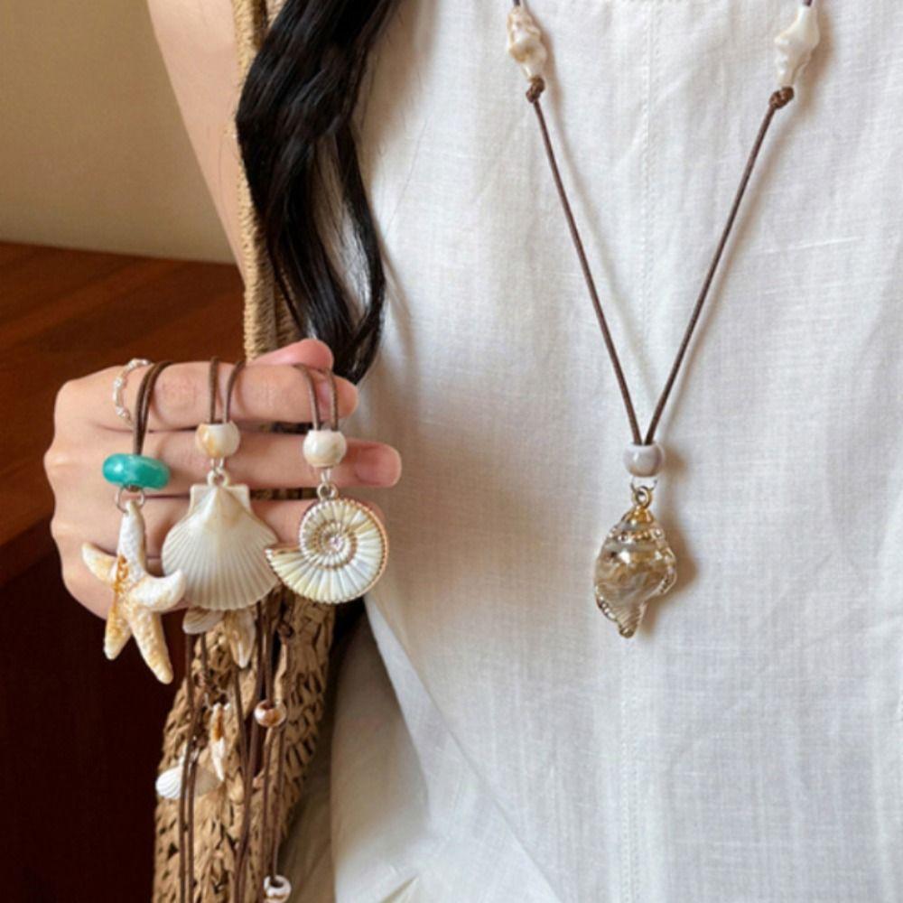 Bohemian Shell Beaded Necklace Wax Rope Beach Vacation Jewelry Fashion Wax Rope Necklace For Women