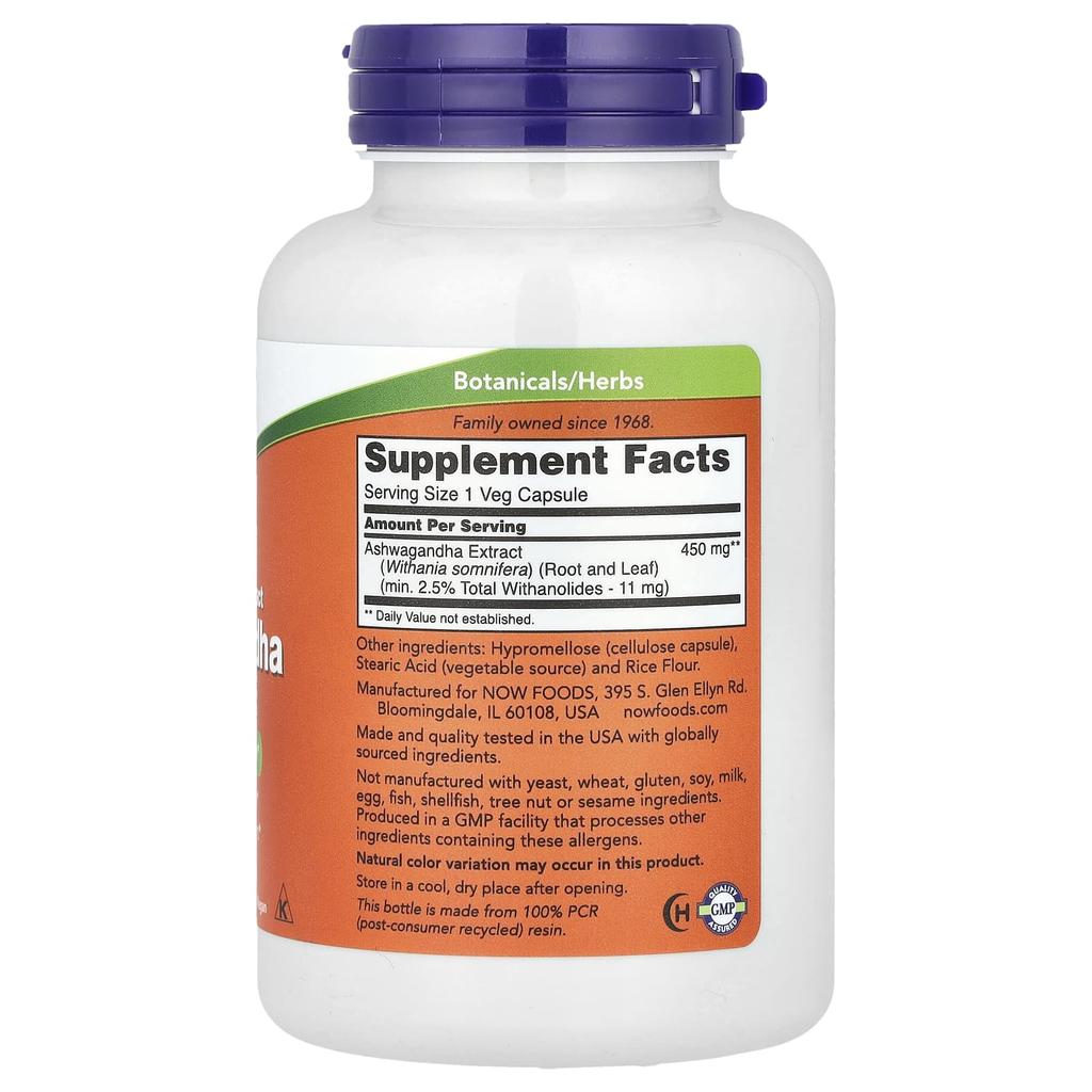 Now Foods Standardized Ashwagandha Extract, 450 Mg, 180 Veggie Capsules