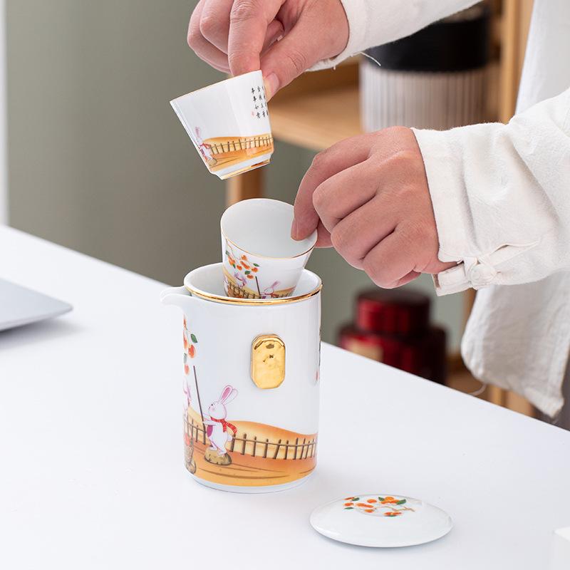 Jade Rabbit Travel Tea Set Mid-Autumn Festival Gifts Portable Express Cup to make tea for friends and girlfriends