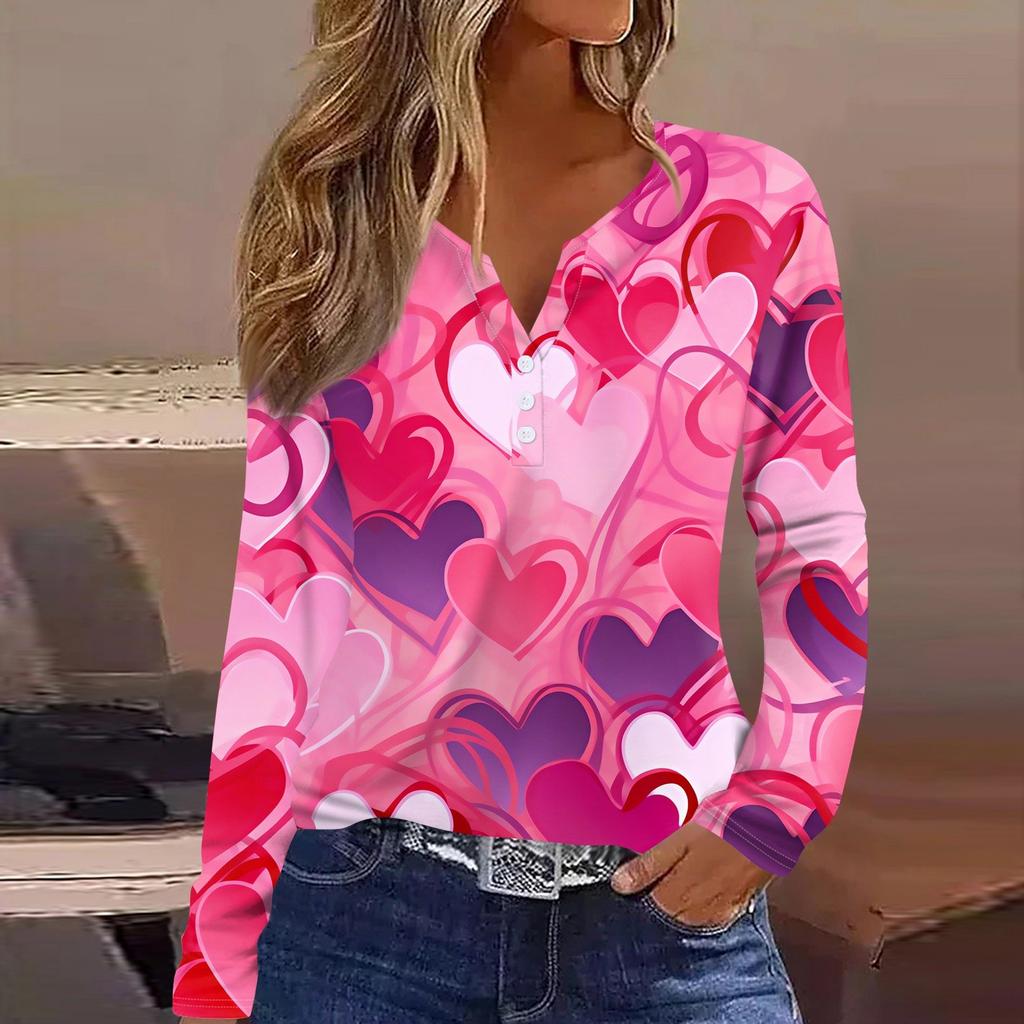 Женская футболка с принтом ко Дню святого Валентина, туника с длинным рукавом и пуговицами, повседневная мода на выходные, базовый топ с V-образным вырезом