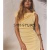 Spring New Women's Clothing French Vacation Style Minimalist Ruched Asymmetric Midi Skirt Dress 2477262